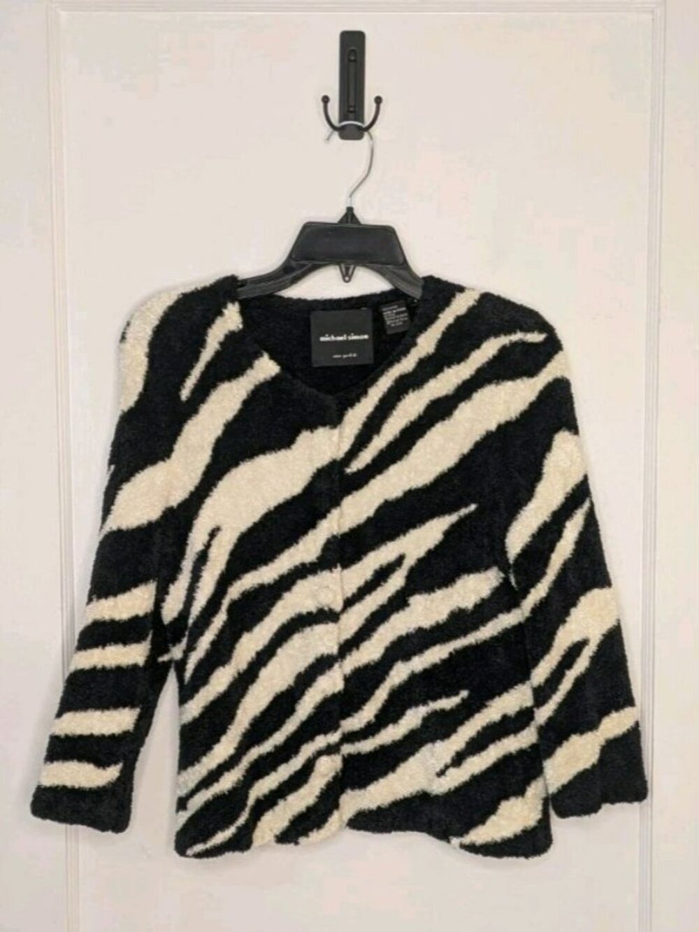 Size Small Michael Simon Fuzzy Textured Zebra Print Cardigan Y2K